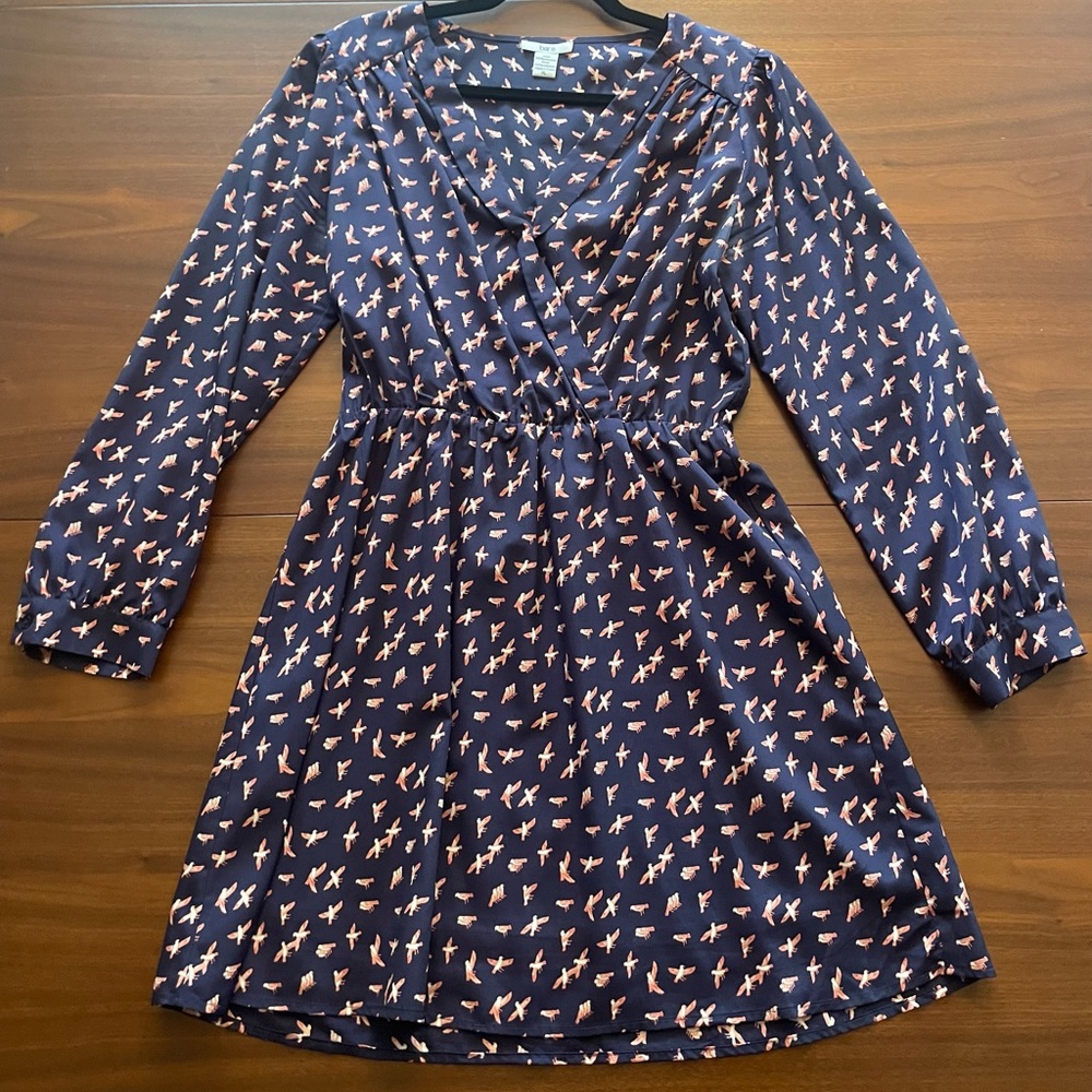Bar III Navy Bird Print Long Sleeve V Neck Dress